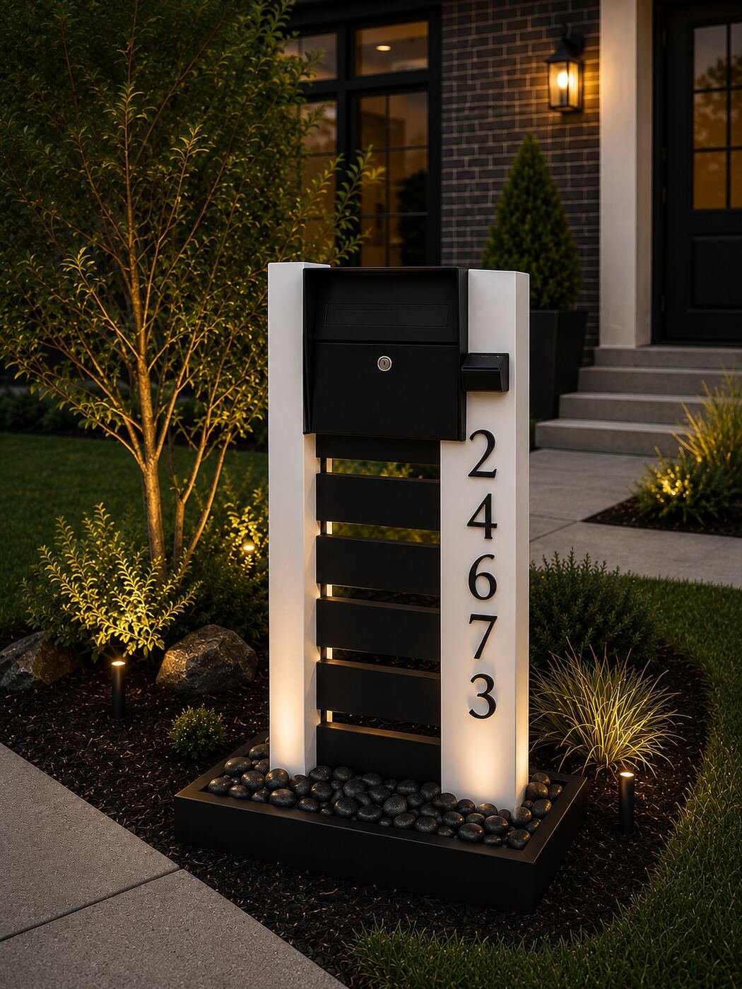 Illuminated modern mailbox pillar at dusk
